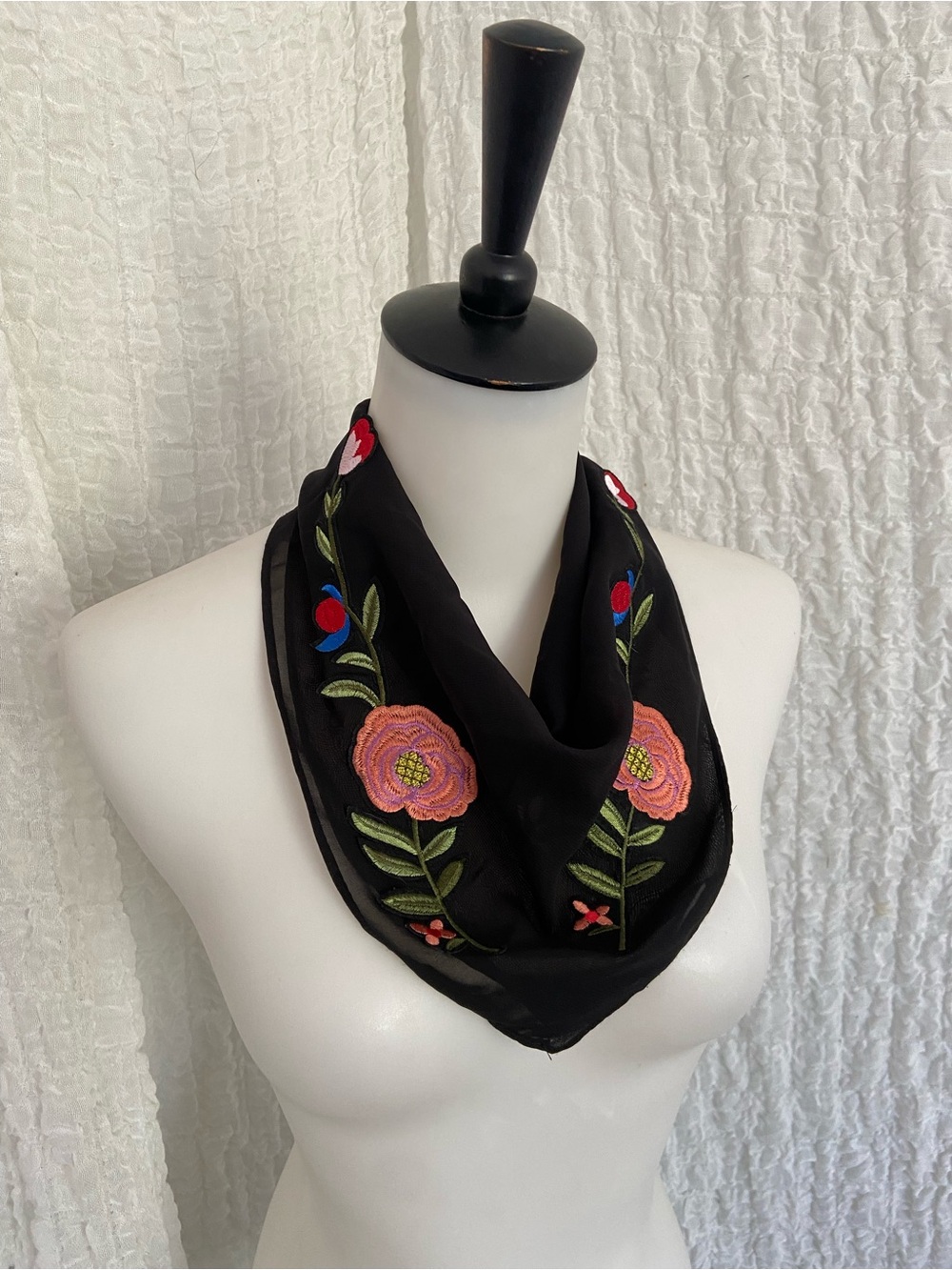 Forever 21 Black Scarf with Pink Floral Embroidery